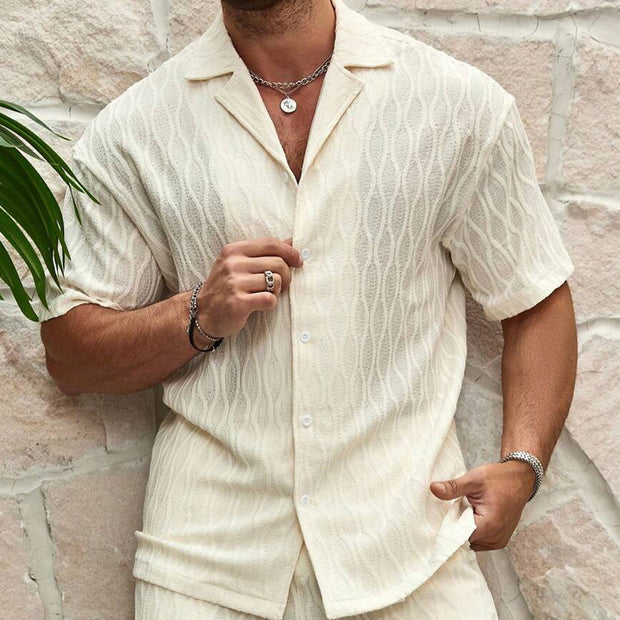 Men's Summer Tracksuit Set – Solid Color Lapel Shirt and Shorts Two-Piece Outfit