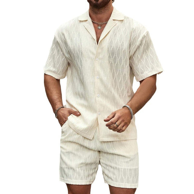 Men's Summer Tracksuit Set – Solid Color Lapel Shirt and Shorts Two-Piece Outfit