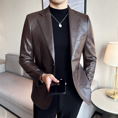 Solid Color Leather Business Blazer