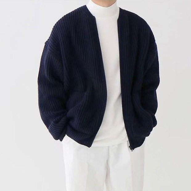 Funnel Neck Zip-Up Knitted Cardigan