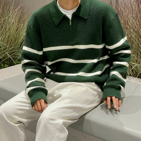 Half-Zip Contrast Knit Polo Collar Pullover