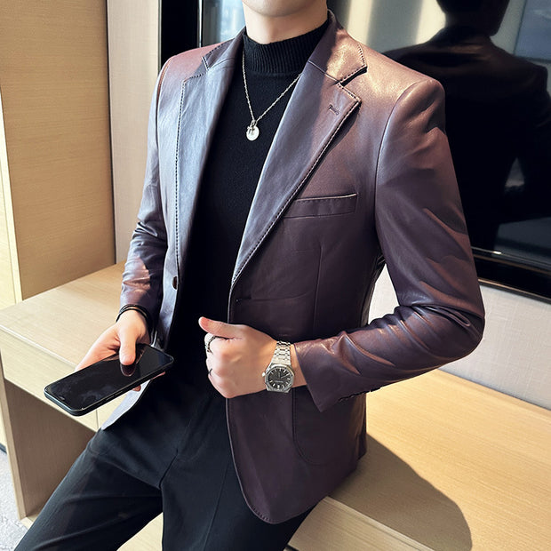 Solid Color Leather Business Blazer