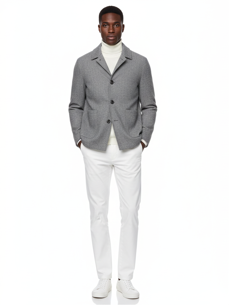 Man wearing a gray blazer, white turtleneck, and white pants on a white background