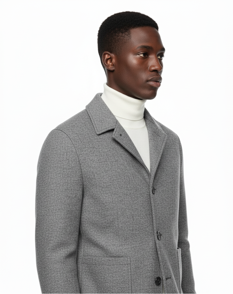 Man wearing a gray coat over a white turtleneck on a white background