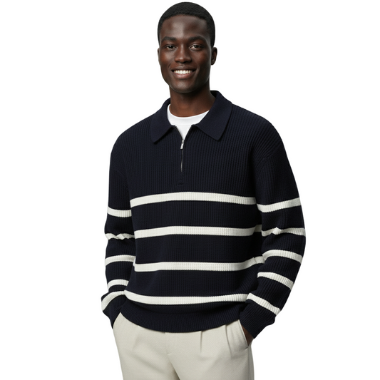 Half-Zip Contrast Knit Polo Collar Pullover
