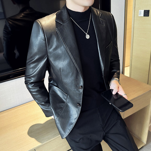 Solid Color Leather Business Blazer