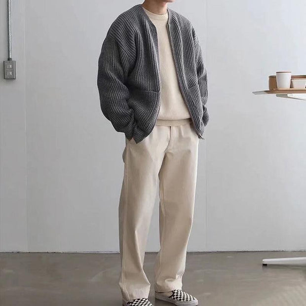 Funnel Neck Zip-Up Knitted Cardigan