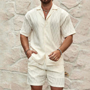 Men's Summer Tracksuit Set – Solid Color Lapel Shirt and Shorts Two-Piece Outfit