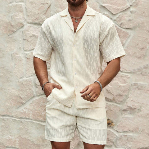 Men's Summer Tracksuit Set – Solid Color Lapel Shirt and Shorts Two-Piece Outfit