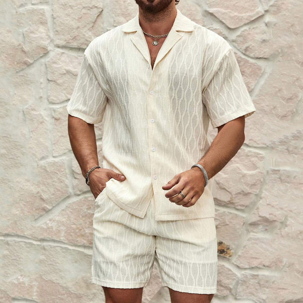 Men's Summer Tracksuit Set – Solid Color Lapel Shirt and Shorts Two-Piece Outfit