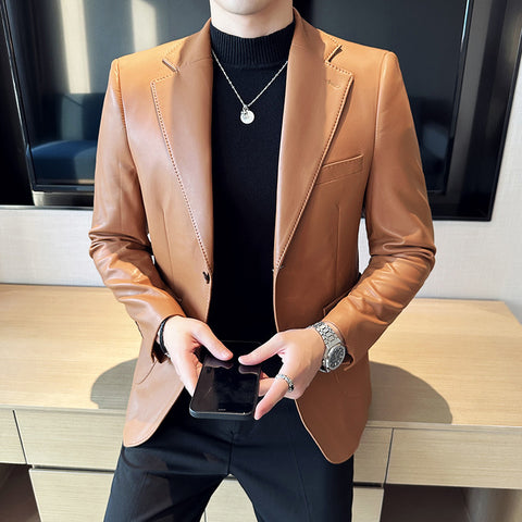 Solid Color Leather Business Blazer