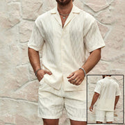 Men's Summer Tracksuit Set – Solid Color Lapel Shirt and Shorts Two-Piece Outfit