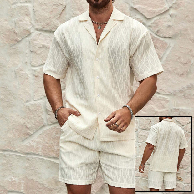 Men's Summer Tracksuit Set – Solid Color Lapel Shirt and Shorts Two-Piece Outfit