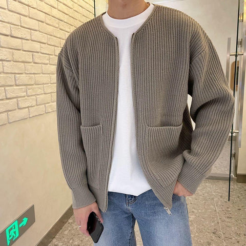 Funnel Neck Zip-Up Knitted Cardigan